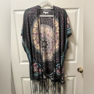 Woven Heart Black and Pink‎ Mandala Patterned Open Kimono Cardigan Sz Lg. Boho